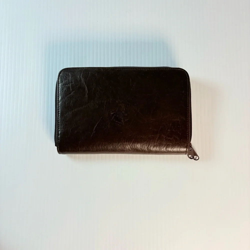 Vintage Brown Leather Zip-Around Checkbook Wallet Organizer